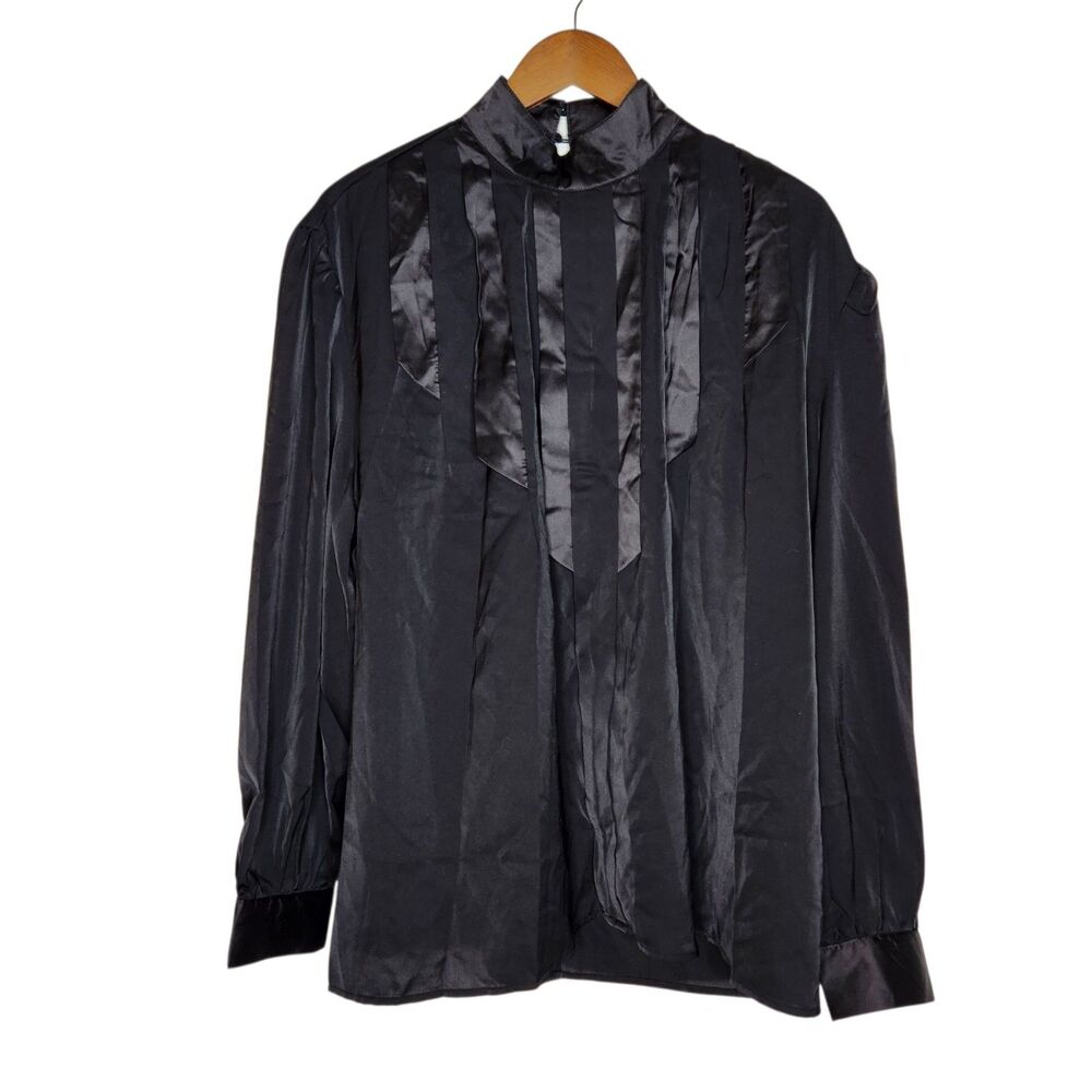 Incerun Womens L Black Button Mock Neck Pleated Puff LS Blouse Whimsigoth